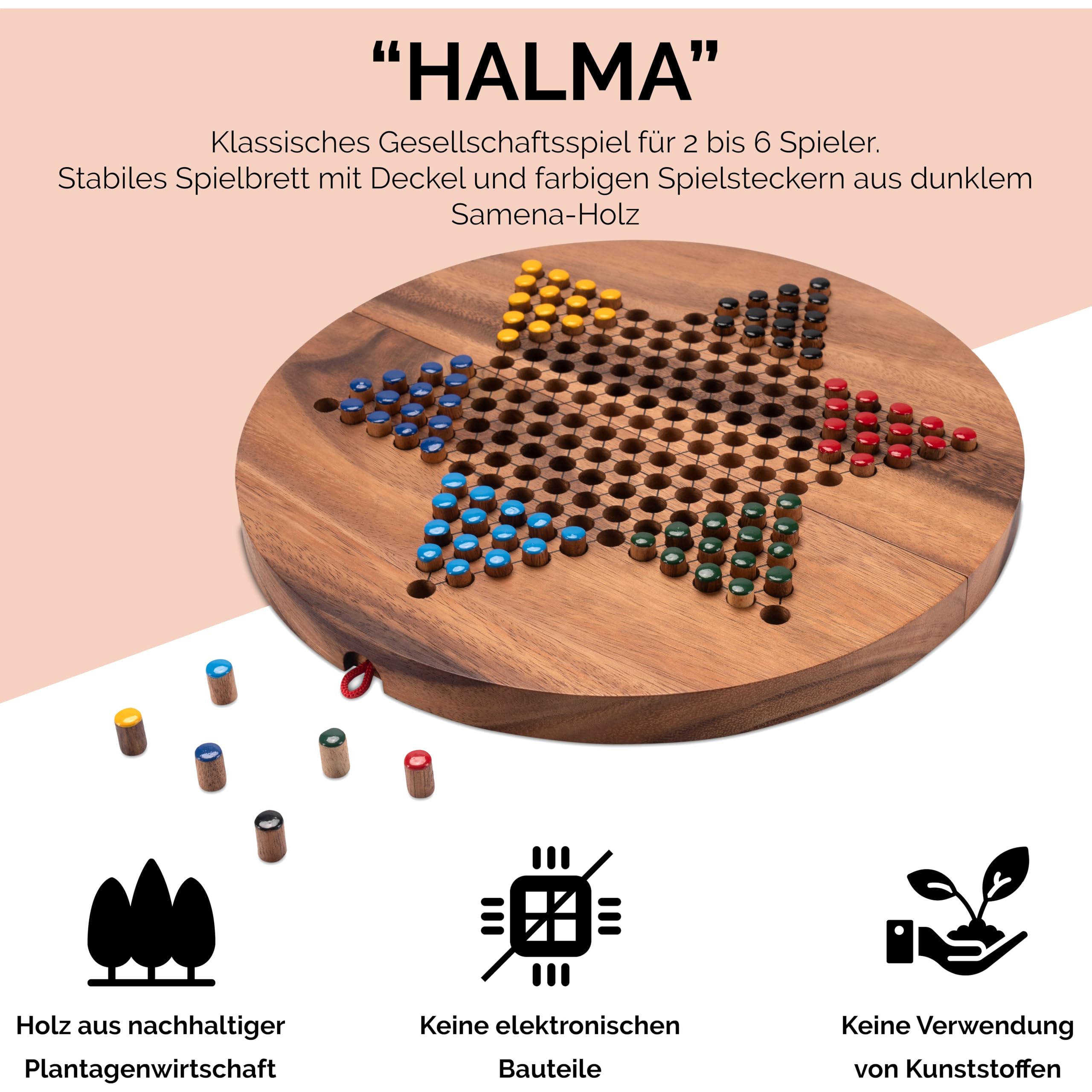 LOGOPLAY Rozmiar Halmy. XL - Stern Halma - Chińskie Warcaby - gra strategiczna - drewniana gra planszowa z okrągłą, składaną planszą