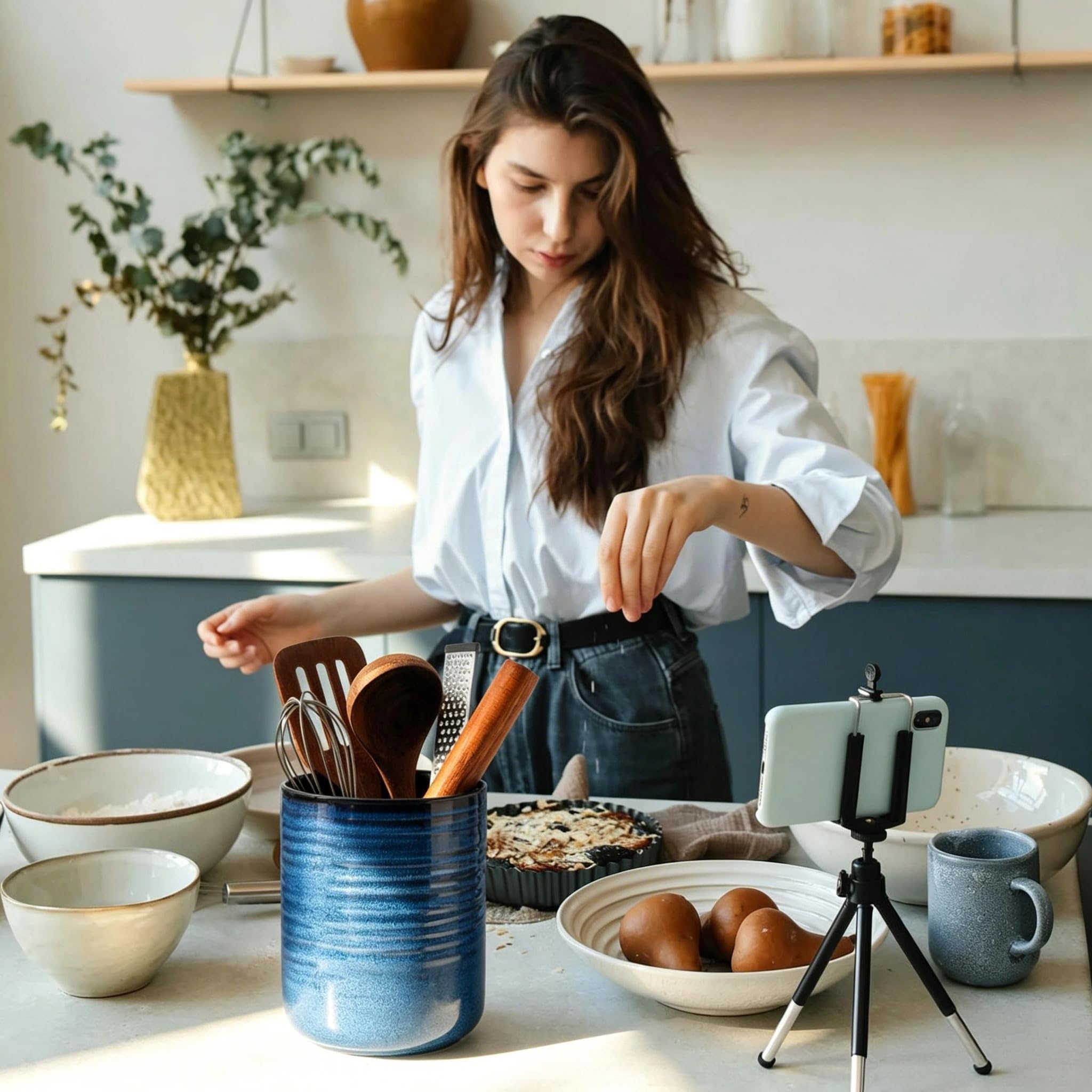 HASENSE Großer Keramik-Utensilienhalter, 18,8 cm, Küchenutensilien-Topf für Arbeitsplatte, moderner Bauernhaus-Utensilien-Organizer für Kochutensilien-Set, blaue Küchendekoration