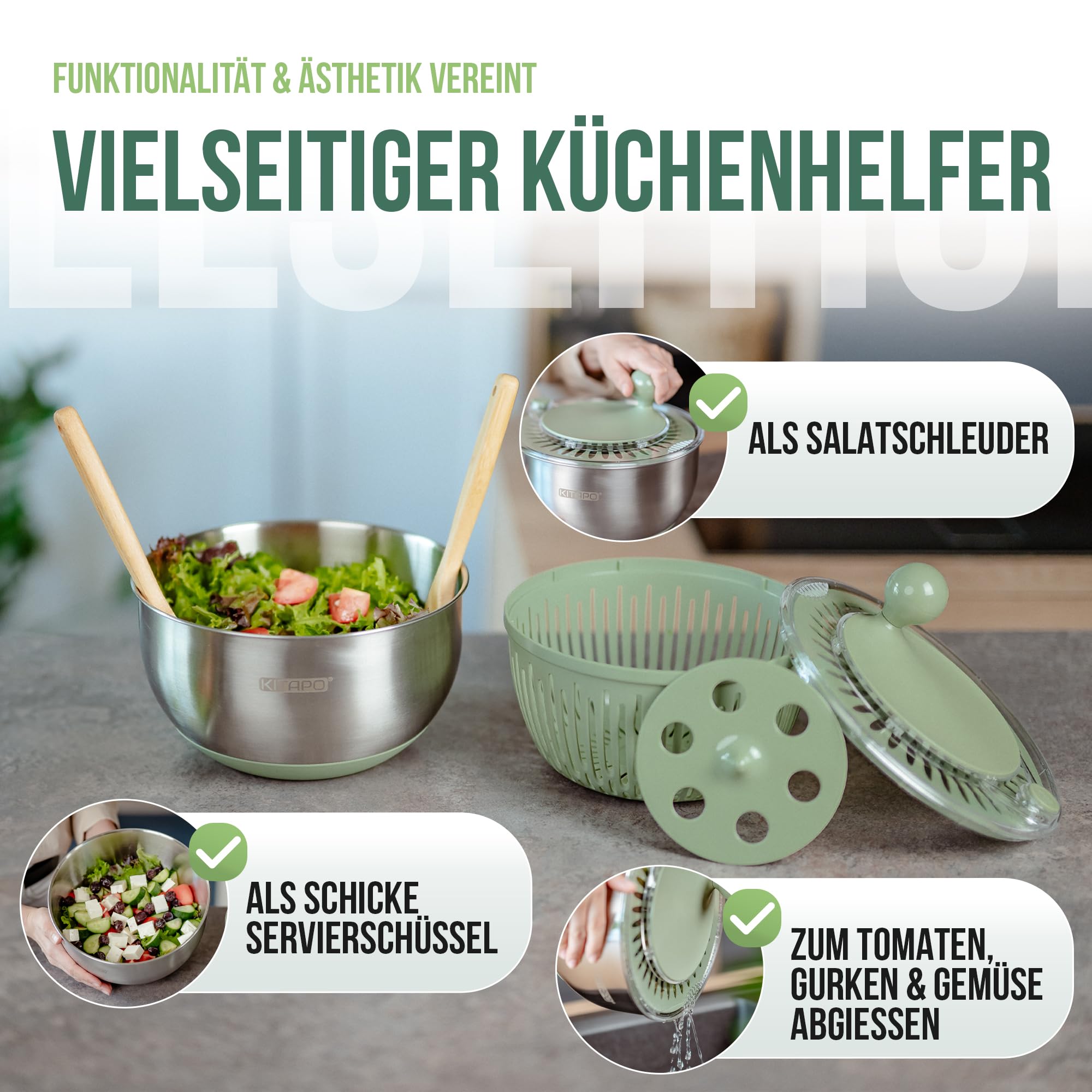 Salatschleuder Edelstahl mit Kurbelantrieb [2 in 1 Servierschüssel] 4,5l [Wasserauslass, Spülmaschinengeeignet, rutschfest] Salad Spinner Obstsschleuder hochwertige Salatschleuder groß