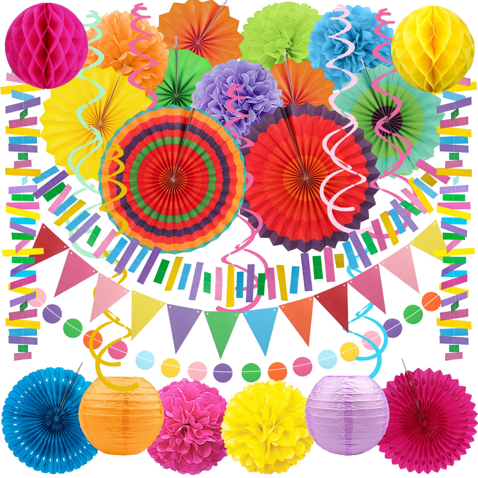 Fiesta Paper Fan Party Decorations Set - Multicolored Vertical Banner Garlands Cinco De Mayo Pom Poms Paper Lanterns for Mexico Party Hispanic Heritage Month Decor Supplies