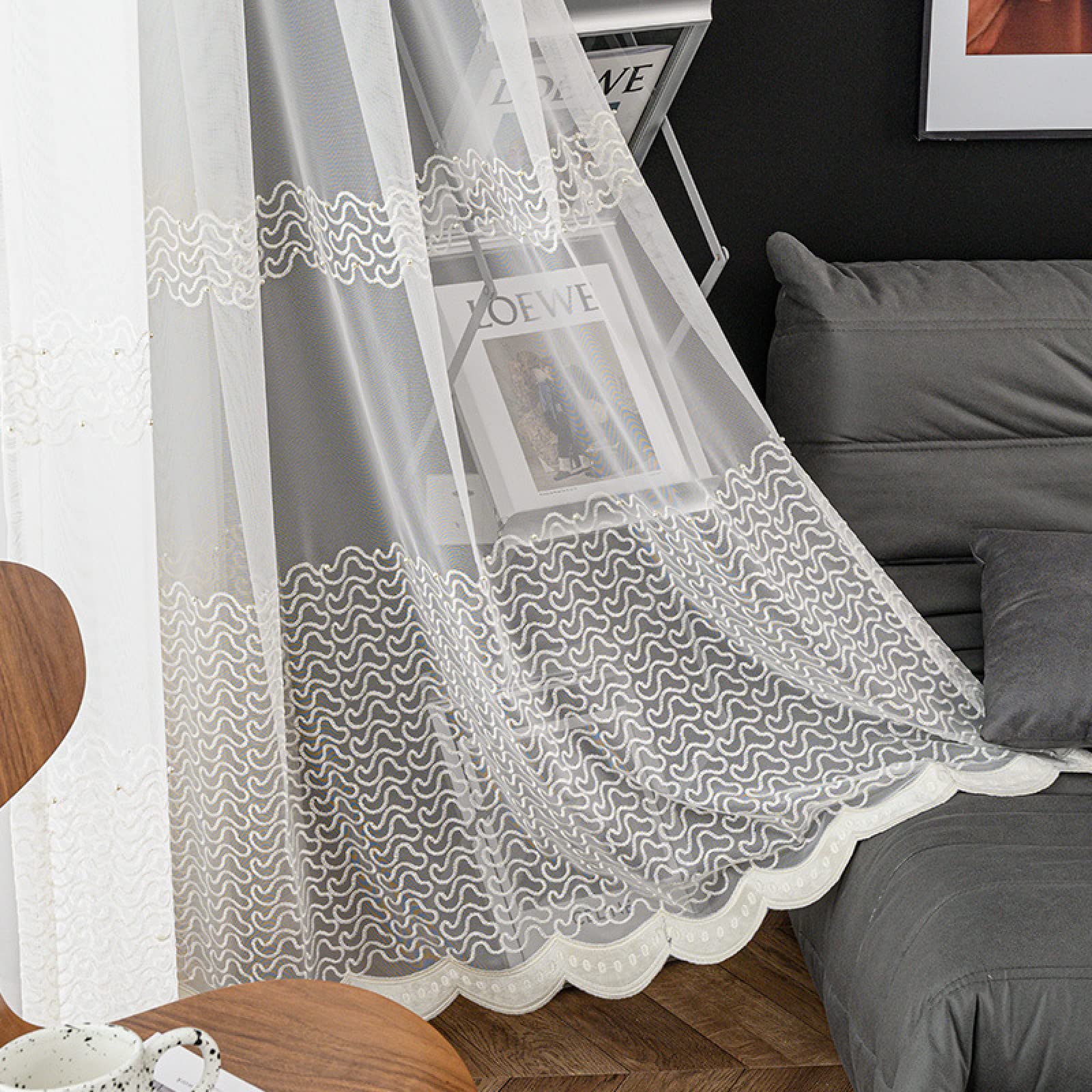 2 Piezas Cortinas Salon Modernas Visillos Poliéster Visillo semitraslúcido con Ollaos para Casa Decoracion Dormitorio, Salón o Habitación - 229 x 274cm(An x Al) Bordado Blanco