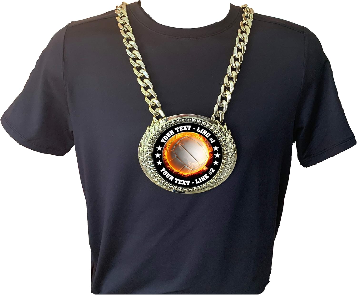 Express Medals Custom Flame Volleyball Champ Chain Trophy with 2 Lines of Personalized Text on a Large Rigid Plastic Award Medal and 34 Inch Long Gold Color Neck Chain. EMFCL804