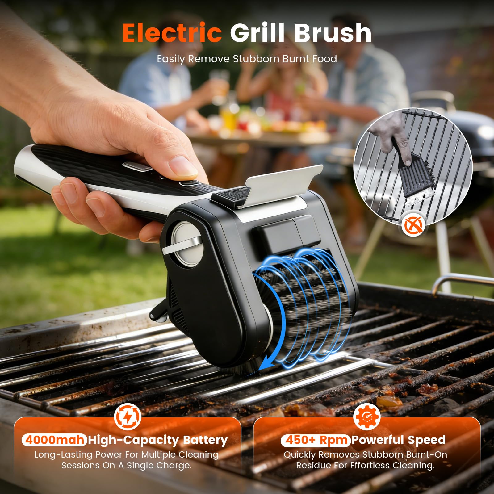 Spazzola elettrica per barbecue con batteria da 450 giri/min e batteria da 4000 mAh, pulitore per barbecue senza fili, detergente impermeabile per griglie all'aperto, setole di sicurezza rinforzate