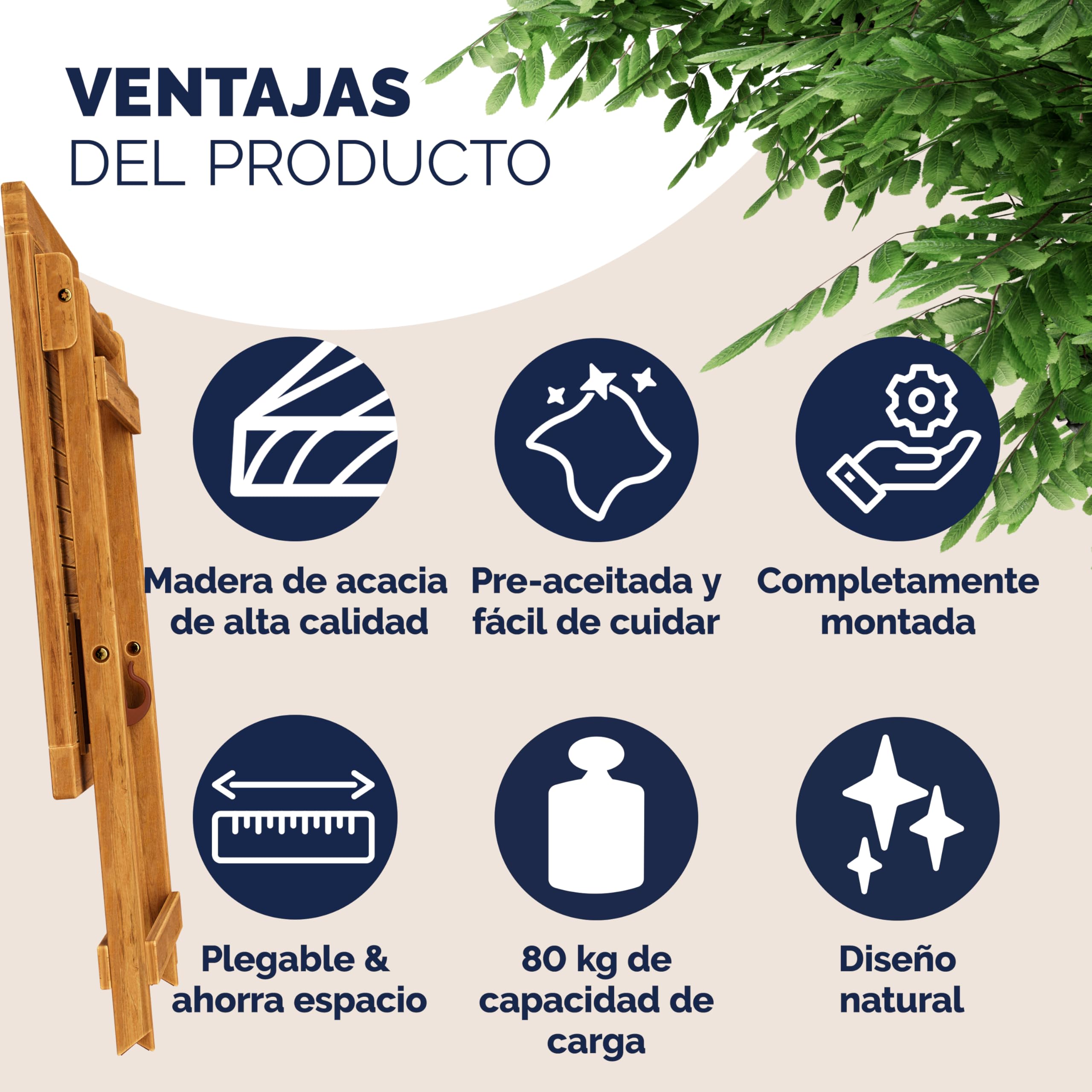 CASARIA® Mesita de Jardín Plegable de Madera Acacia 70x70cm Carga hasta 80kg Resistente Intemperie Mesa Auxiliar Portátil Exterior Balcón Terraza Marrón