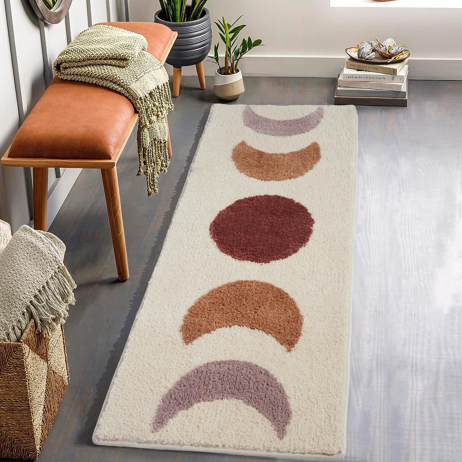 Boho Bathroom Runner Rugs - Gradient Moon Phases Bath Mat,Non Slip Half Moon Witch Rugs,Bohemian Witchy Hippie Bathroom Decor, Long Runner Rug for Bedroom Hallway,Beige Neutral Creamy 50"x20"