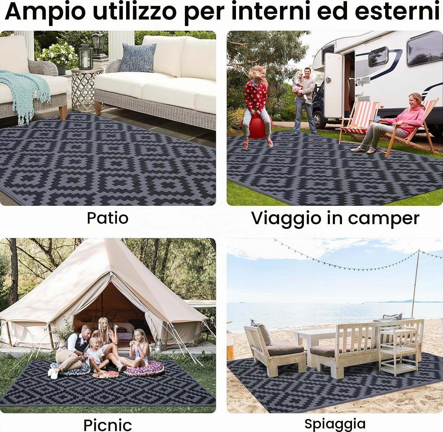 smiry Tappeto da esterno Tappetini da giardino impermeabili Resistente ai raggi UV Tappeto per patio all'aperto Tappetino con cannuccia in plastica reversibile per balcone, campeggio, picnic, giardino
