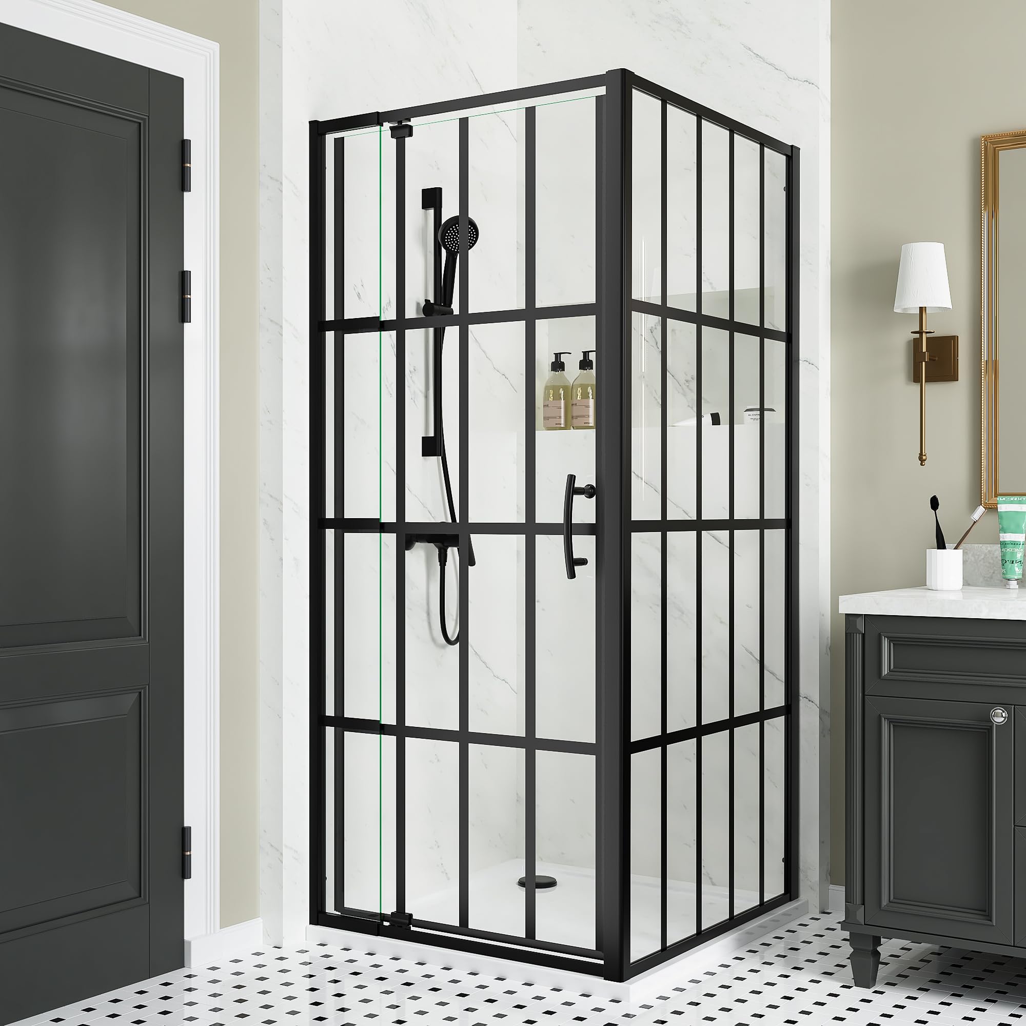 Corner Shower Enclosure 36 in.D x 36 in. W x 72 in. H, Single Pivot Shower Door with 1/4 in. Clear Tempered Glass, Black Framed Sliding Shower Enclosure (Shower Base Not Included)