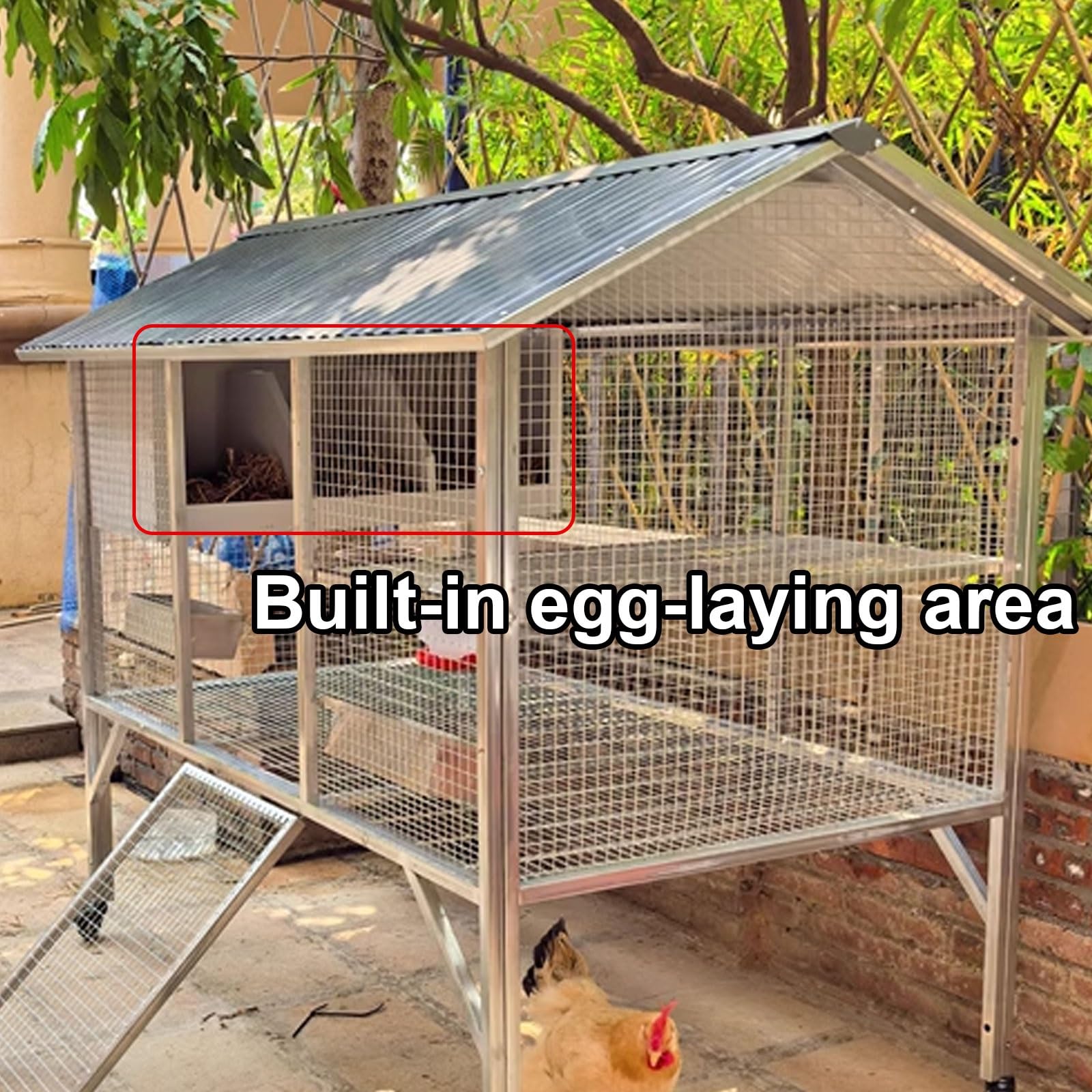 Casetta per Galline Ovaiole Realizzato in Tubo Zincato Ruota Universale Con Freno Nido per Galline Oche, Anatre, Conigli, Pollame Design Della Porta Rimovibile