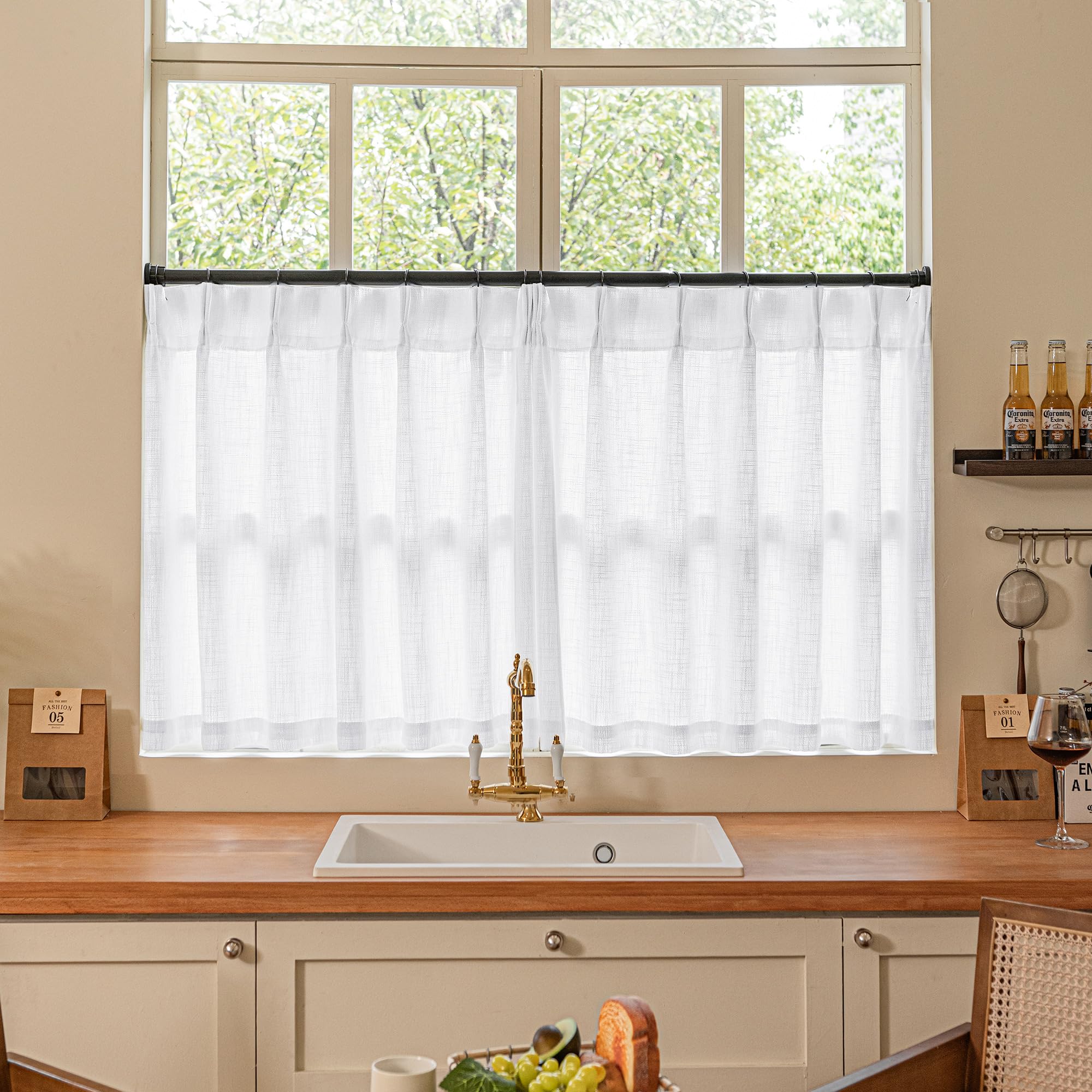 TWODRAPES Pleated White Linen Semi Sheer Cafe 30 Inch Curtains 2 Panels