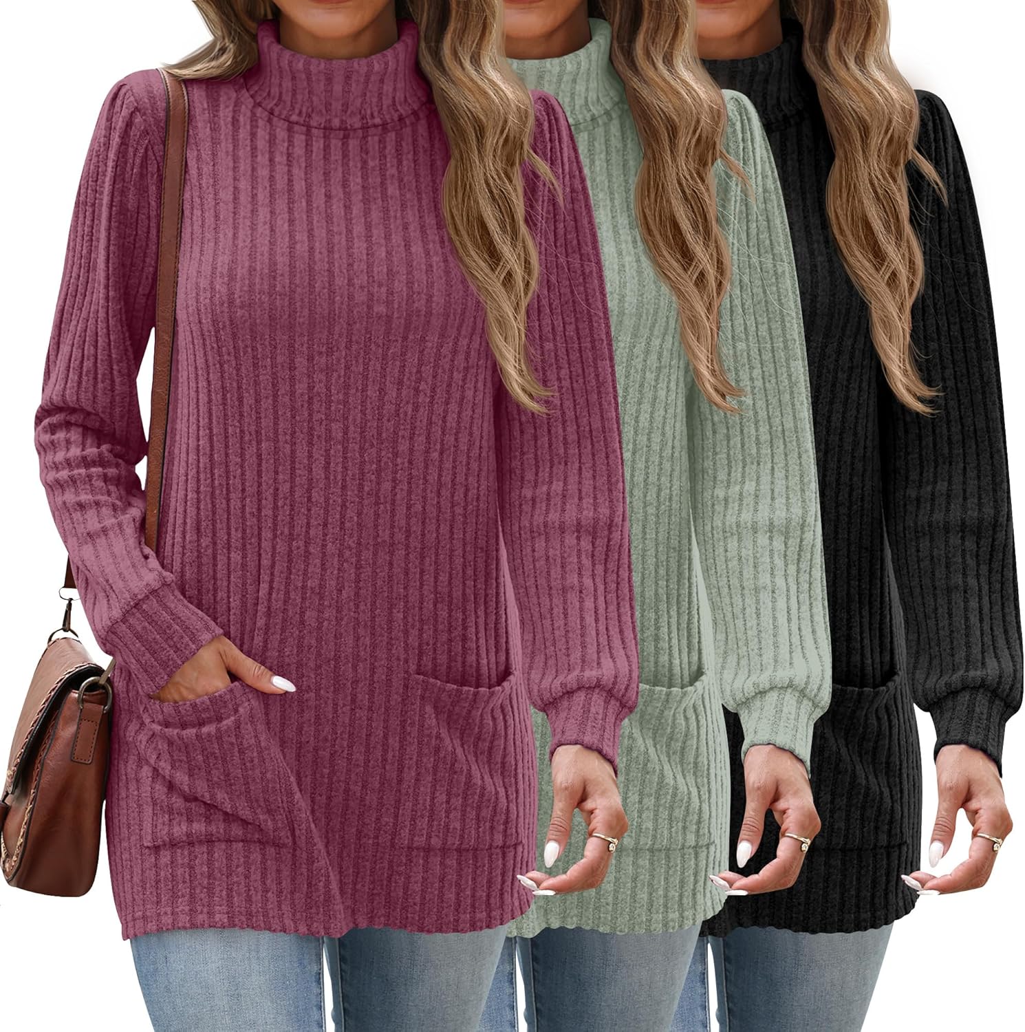 Velvelhall 3 Pack Women's Turtleneck Long Sleeve Sweaters, Puff Ribbed Knit Sweaters Pullover Casual Tunic Tops with Pockets