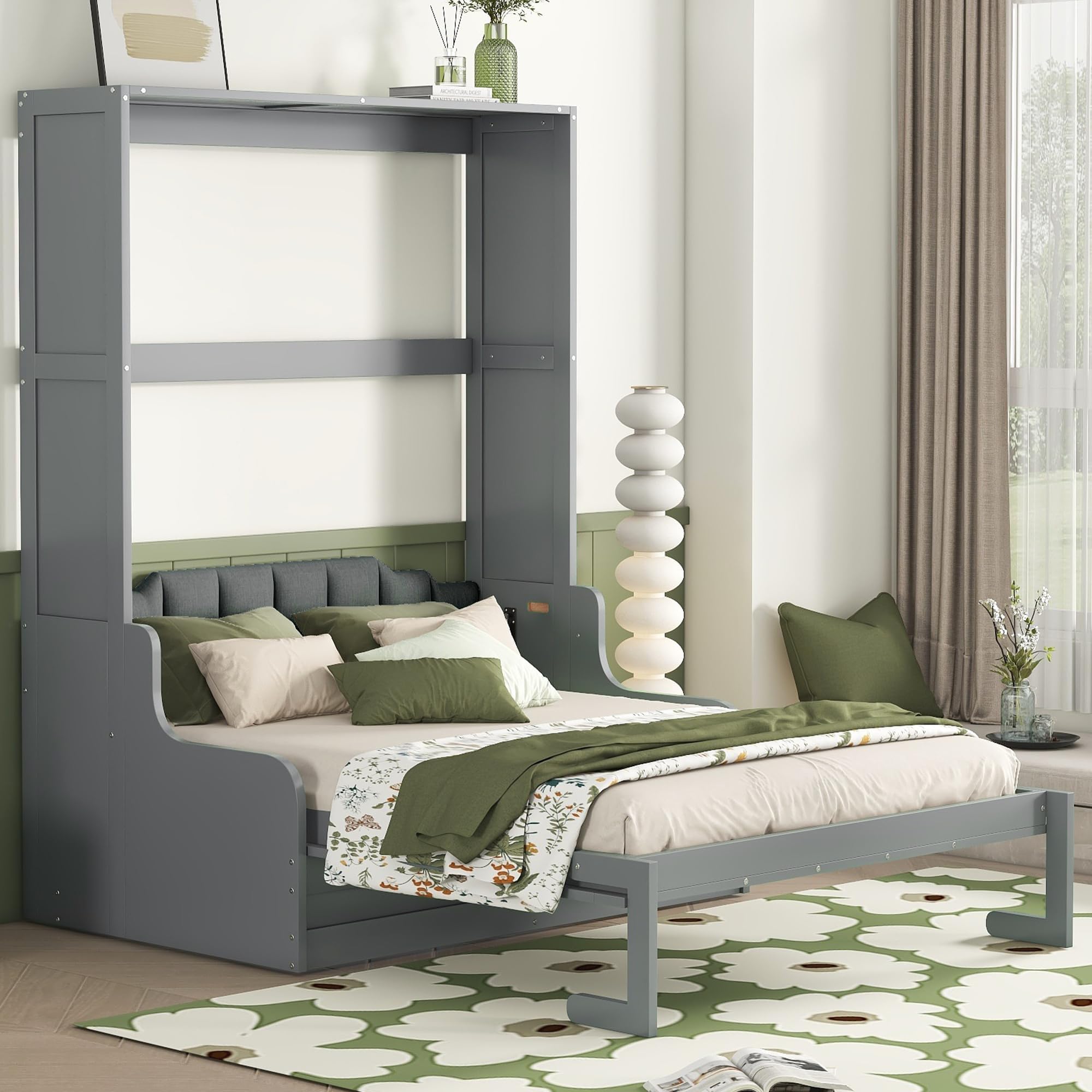 Murphy Bed Cabinet Queen Size with Cushion,Folding Wall Bed Frame W/Sofa Chair and Wood Slat Support,Space-Saving Hidden Platform Bed for Bedroom,Guest Room,Home,Office,Gray