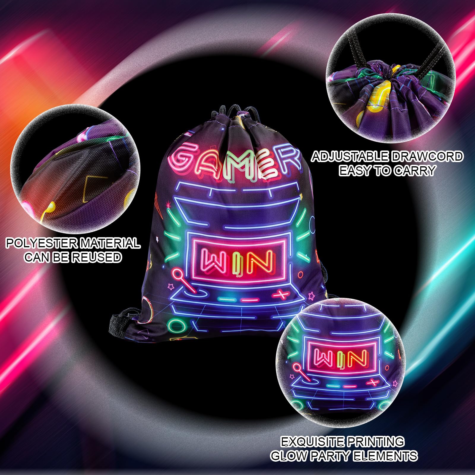 Huhumy 16 bolsas de recuerdo de fiesta de videojuegos, bolsas de cordón de neón de 12 x 10 pulgadas para niños y niñas, juego temático, suministros de fiesta, regalos, bolsas de dulces para fiestas de