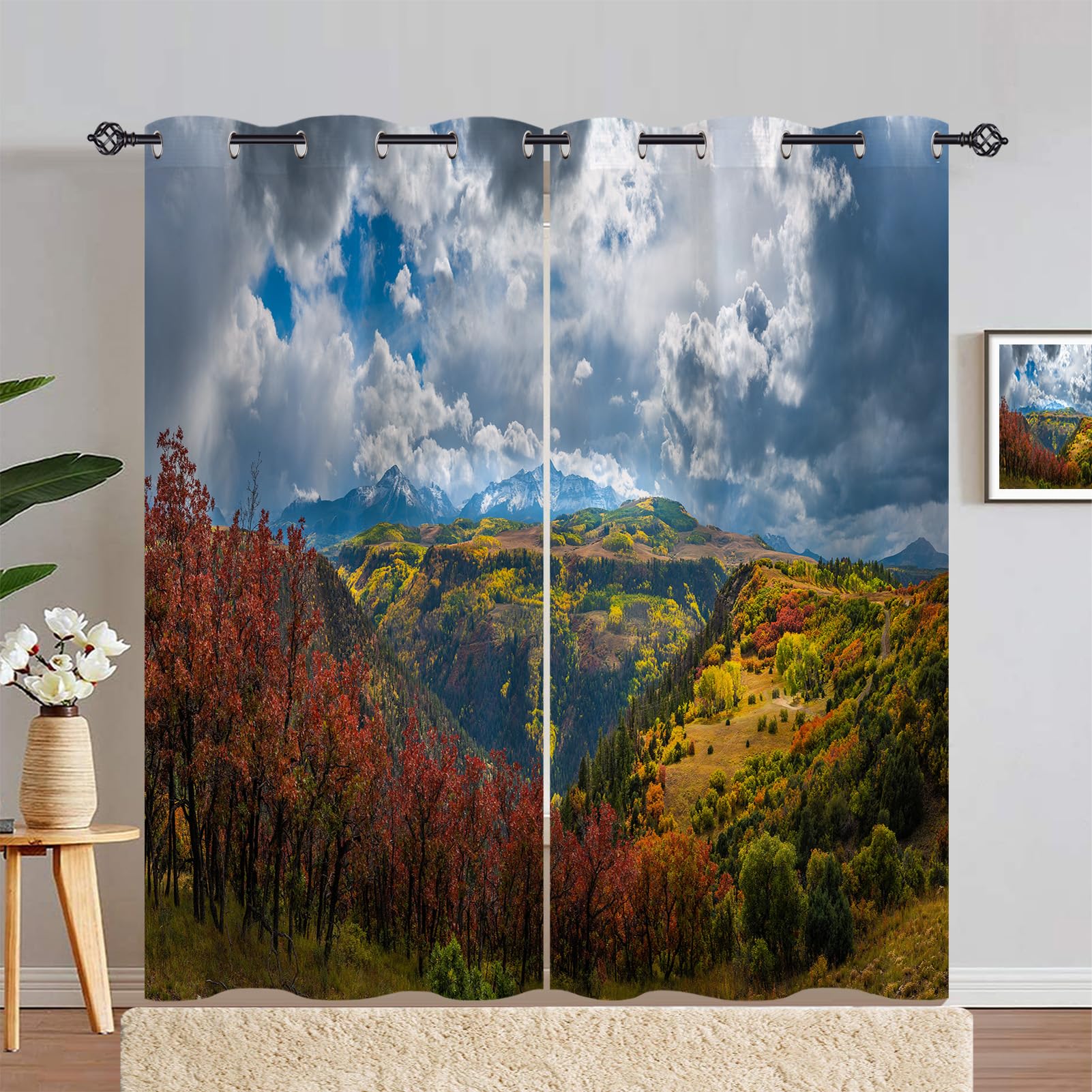 ANHOPE Landscape Curtains Eyelet 80% Blackout Room Darkening Curtains with Nature Forest Mountain Scenery Print Pattern Light Blocking Window Drapes for Bedroom Living Room 55 x 84 Inch Drop 2 Panels