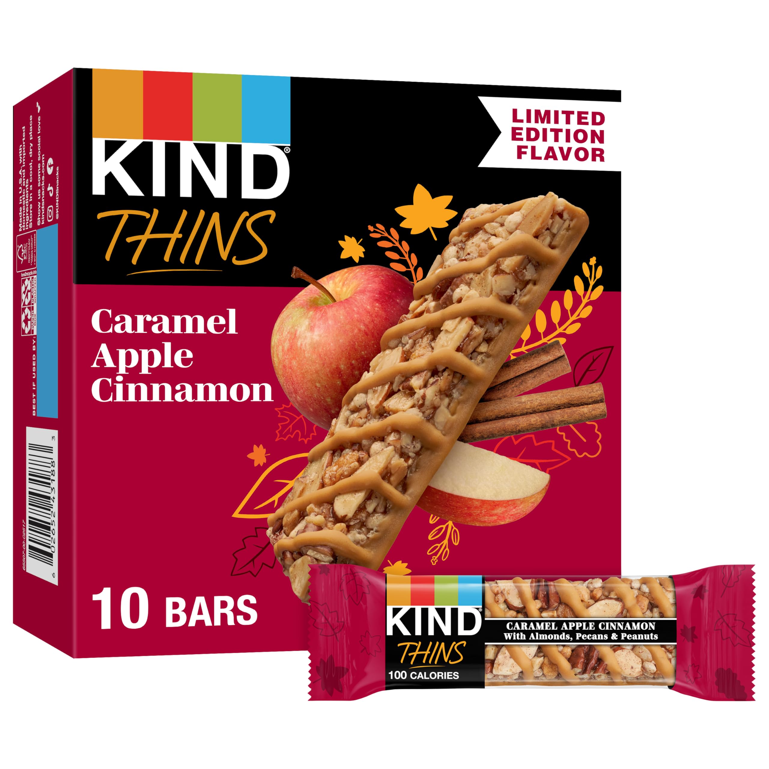 THINS Caramel Apple Cinnamon with Almonds, Pecans, & Peanuts, Gluten Free, 100 Calorie, Healthy Snacks, 10 Bars (Pack of 1)