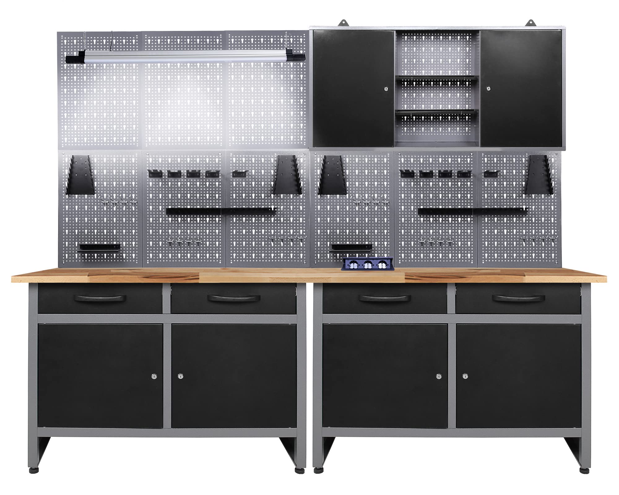 Ondis24 Werkstatt Werkstatteinrichtung 240cm Komplettset mit LED und Bluetooth Lautsprechern, inkl. versenkbare Steckdosenleiste grau Werkbank Werkzeugschrank Lochwand