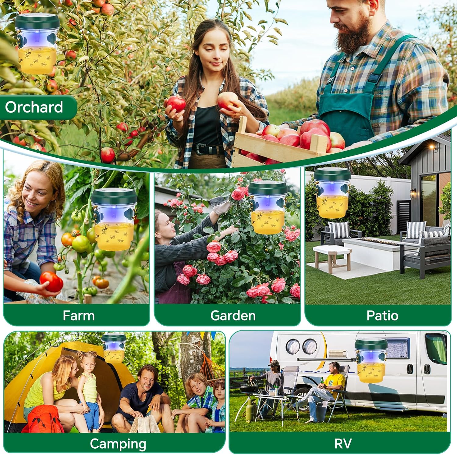 Wasp Trap, Solar Wasp Traps Outdoor Hanging, Reusable Yellow Jacket Hornet Trap with LED Light for Outside Garden, Patio, Orchard, Camping