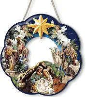 Guirlanda de Natal da Sagrada Família, Guirlanda de Madeira com Tema de Presépio, Decoração de Porta e Parede para Natal, Verde com Vermelho