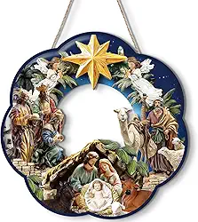 Guirlanda de Natal da Sagrada Família, Guirlanda de Madeira com Tema de Presépio, Decoração de Porta e Parede para Natal, Verde com Vermelho