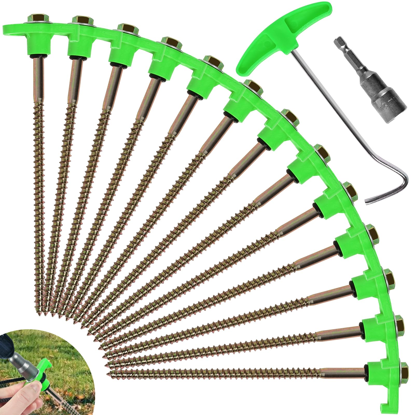 DHGKVK 12x Zeltheringe,Drehbare Zeltheringe mit Gewinde,Felsboden-Erdnägel für Camping,mit Adapter für Akkuschrauber, mit Nagelzieher, Robuste Stahl-Heringe für Camping und Outdoor