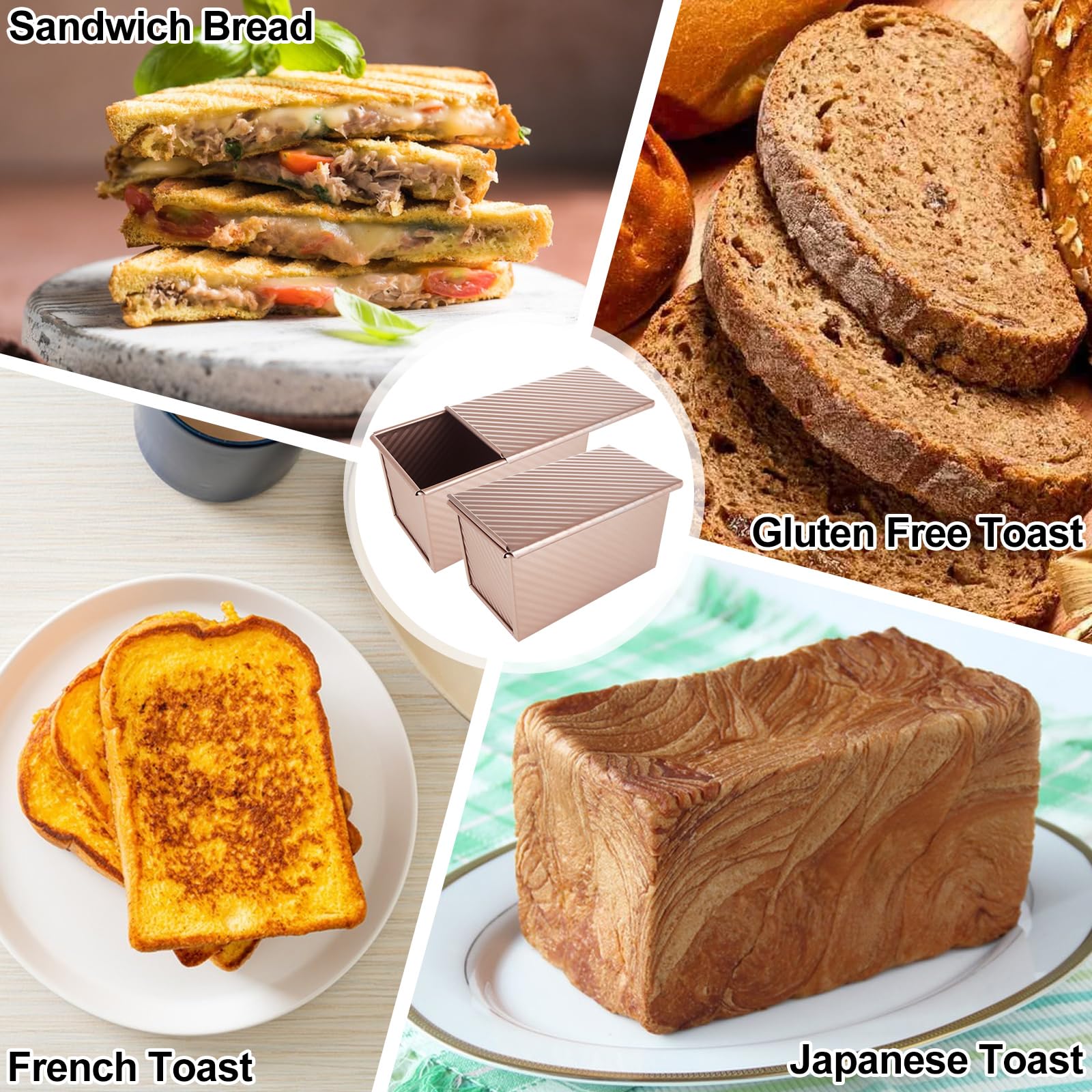 Acrux7 Paquete de 2 moldes para pan con tapa, capacidad de masa de 1 libra antiadherentes para hornear pan, caja de pan corrugado de acero al carbono con tapa para hornear pan, con juego de