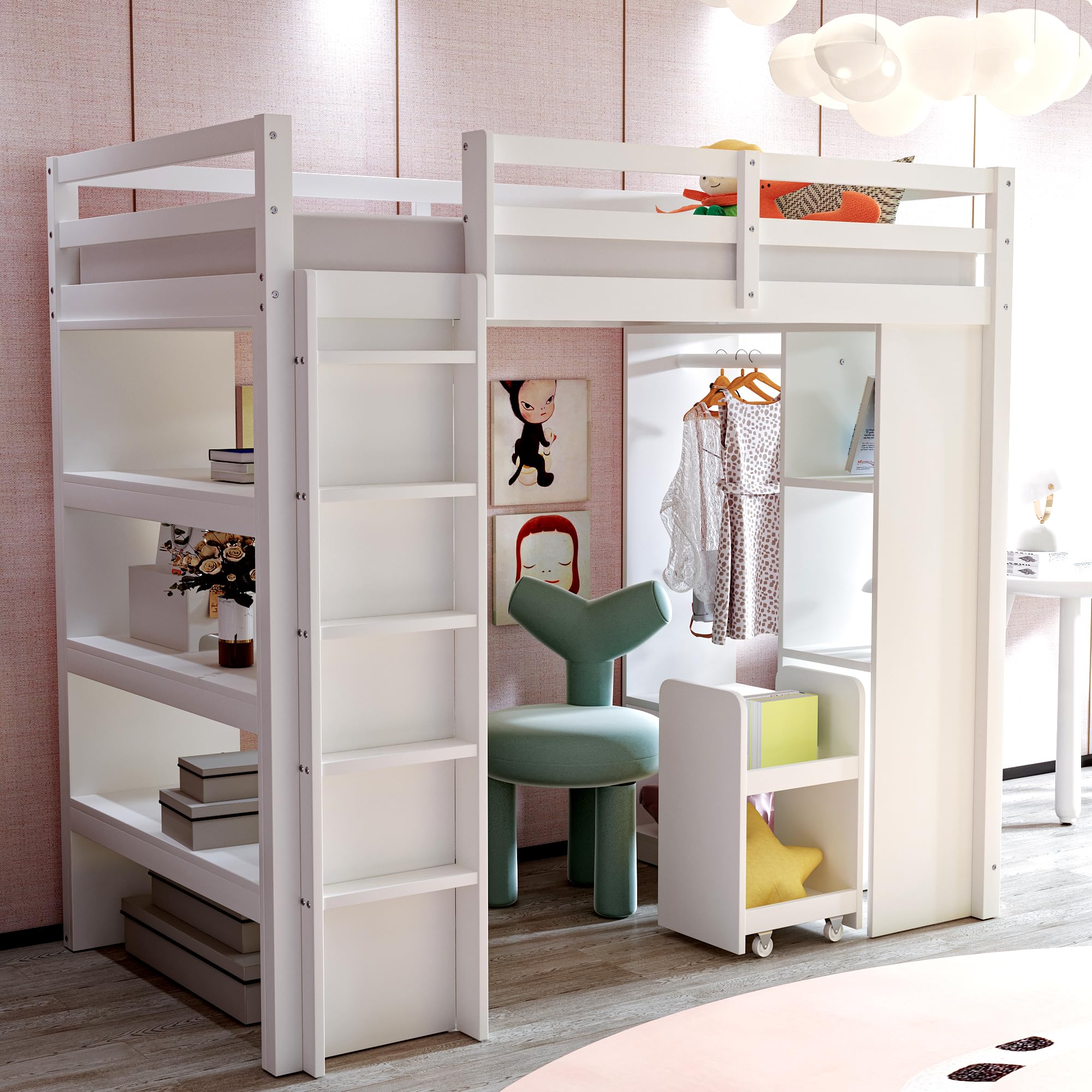 Azkoeesy Cama Individual Alta 90x200 cm, con 3 Grandes estantes de Libros, Perchero, Carro, somier y barandilla, para Adolescentes y Adultos, Madera de Pino, Color Blanco