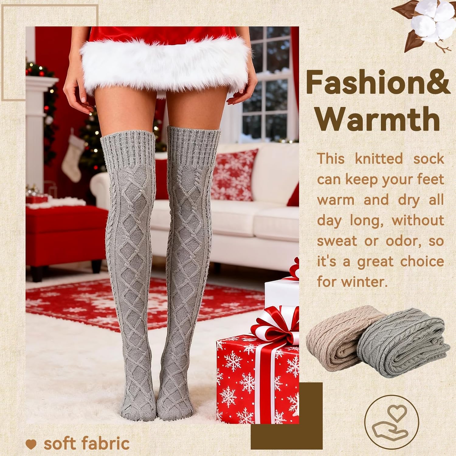Women's Cable Knitted Thigh High Socks Cotton Over Knee Boot Stockings Winter Leg Warmers - Image 7