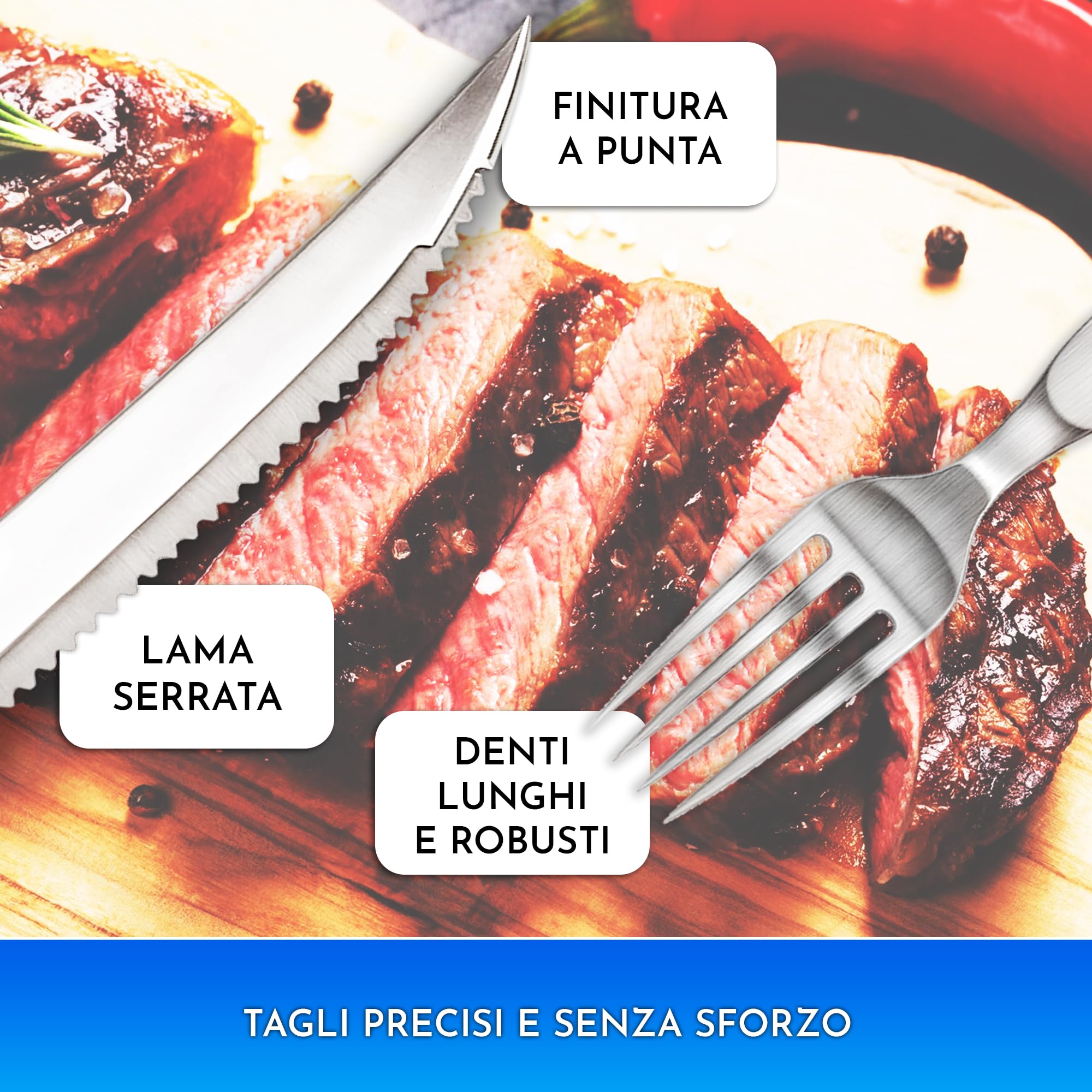 Posate da bistecca acciaio inox legno 12 pezzi con 6 coltelli da bistecca e 6 forchette da bistecca