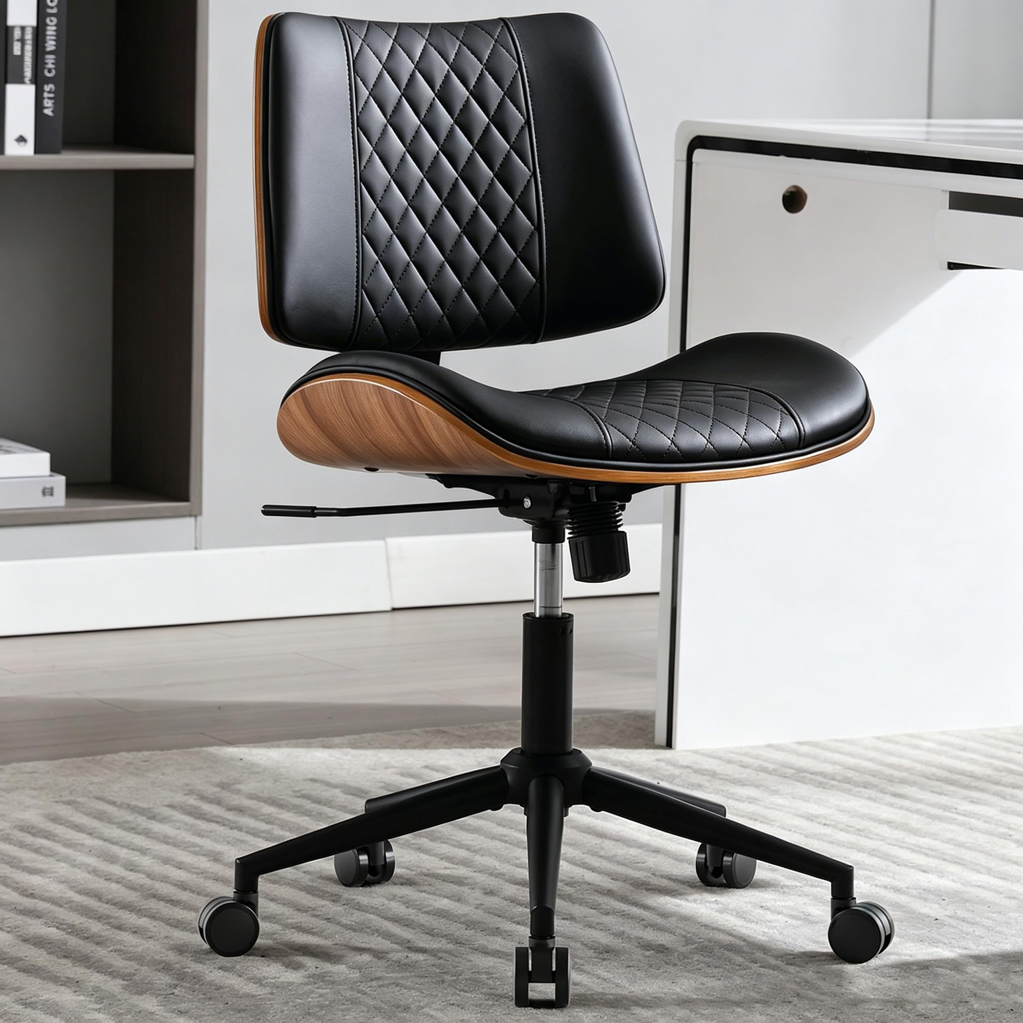 Home Office Chair No Arms with Wheels, Mid Back Walnut Style, Black