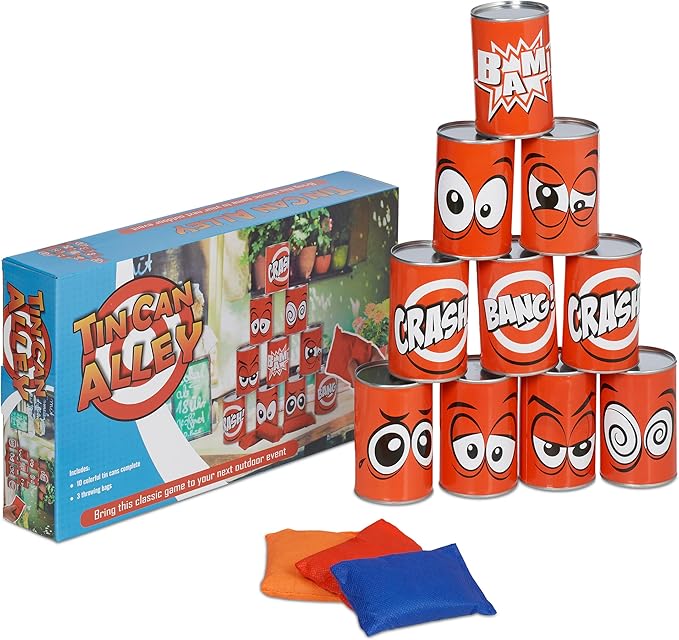 Relaxdays Dosenwerfen für Kinder, Büchsenwerfen Garten, 10 Blechdosen ...