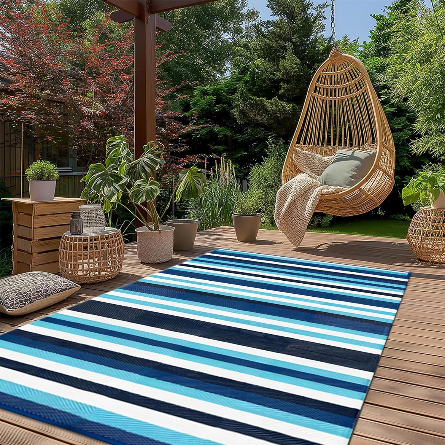 Tapis Imperméable Rayé Bleu,120x180 Petits Tapis Rectangulaire,Tapis de Jardin en Plastique Pliable,Tapis de Sol de Camping Réversible,Tapis Extérieur pour Terrasse,Balcon,Pique-Nique,Plage