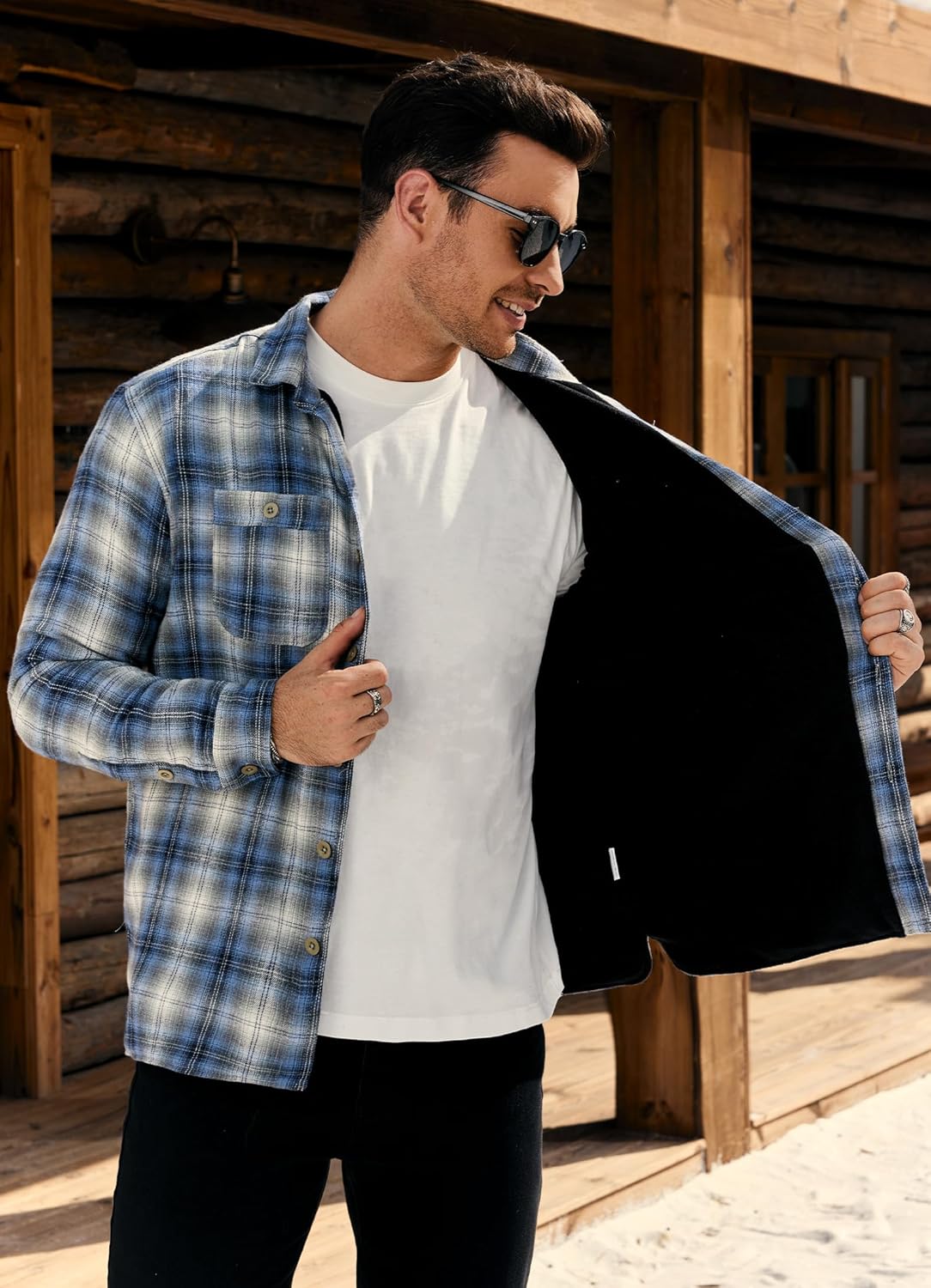 Men Fleece-Lined Button Shirt Flannel Plaid Warm Winter Casual Jacket with Flap Pockets (S-3XL) - Image 2