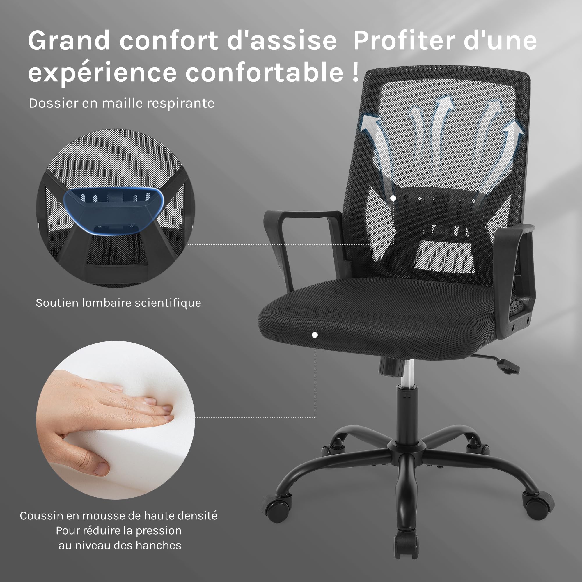 Chaise Bureau Ergonomique avec Dossier Rabattable en Maille Haute Élasticité, Fauteuil Bureau avec roulettes Universelles à 360° et Accoudoirs, Noir