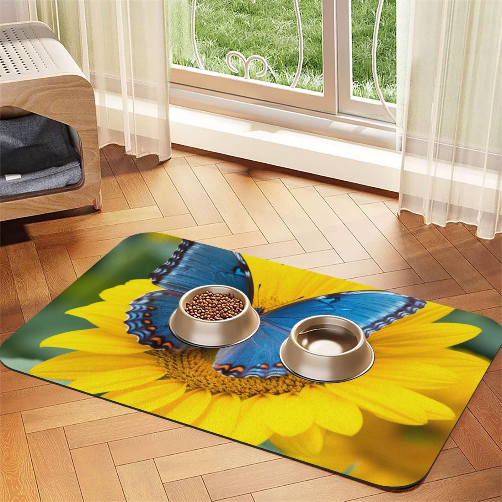 Futtermatte für Haustiere, Motiv: Sonnenblumen-blauer Schmetterling, saugfähig, PU-Leder, für Hunde und Katzen, schützt den Boden, rutschfeste Gummi-Unterseite, leicht zu reinigen, 40 x 60 cm