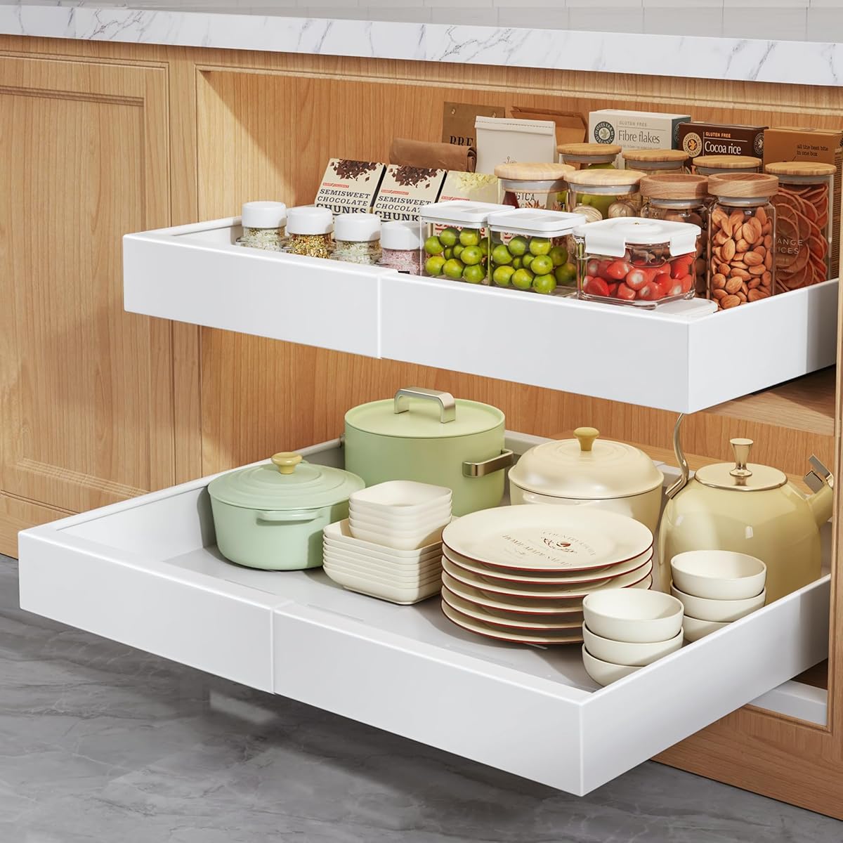 Seinloes 2 Pack Pull Out Cabinet Organizers 21"Deep with Raising Pad for Framed Cabinets,Expandable Slide Out Drawers Upgrade 3 Slide Rails,Roll Out Shelves Adhesive,Adjustable Width 12"-20.45" White