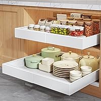 Seinloes 2-Pack 21" Deep Pull Out Cabinet Organizers with Raising Pads for Framed Cabinets, Adjustable 12-20.45" Width, 3 Slide Rails, White