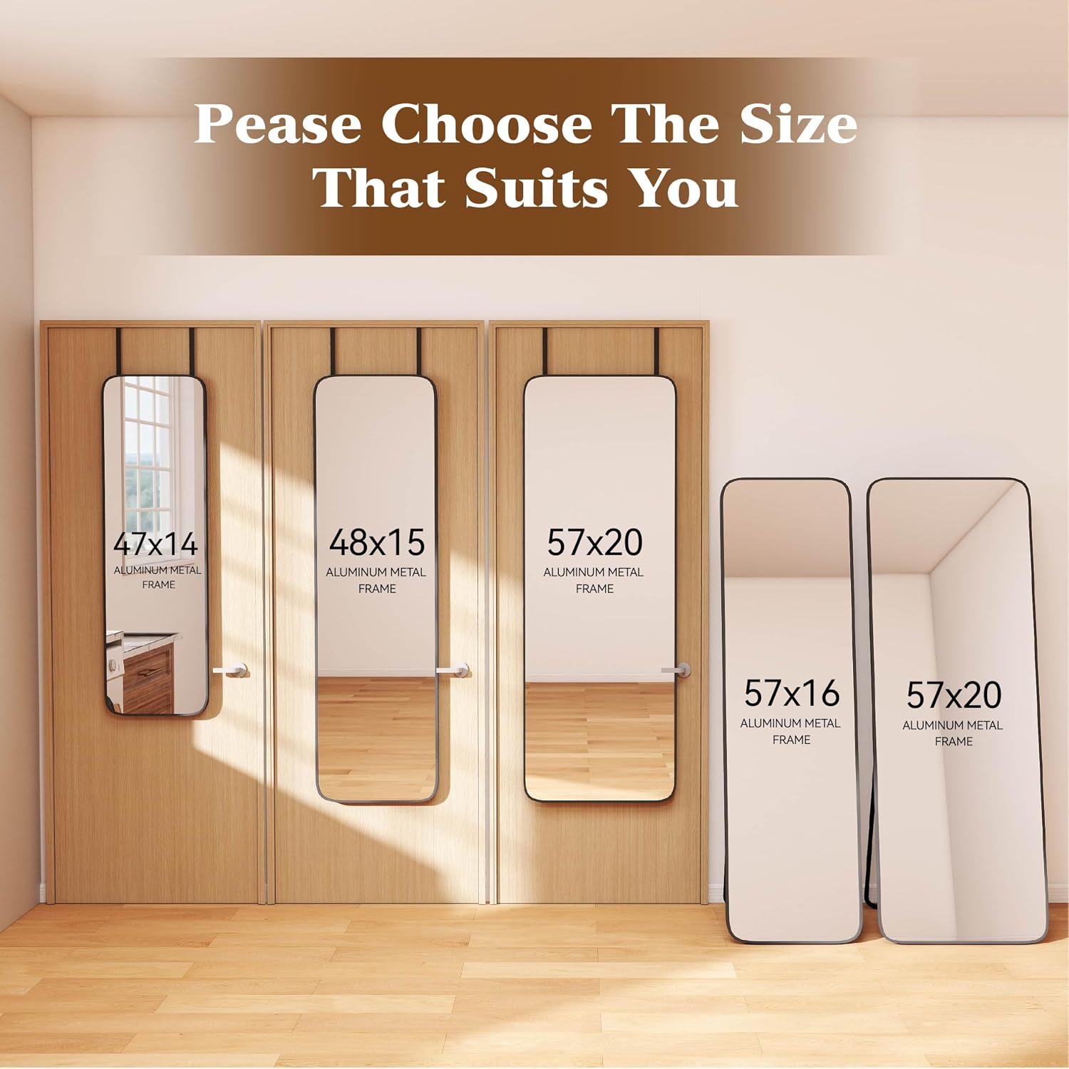 NARCISSUS 57x20 Mirror Door Hanging Full Length Body with Floor Stand or Wall Mounted Metal Aluminum Frame Tempered Glass Rectangle Mirrors for Bedroom Dressing Living Room Bathroom 57 inch Black