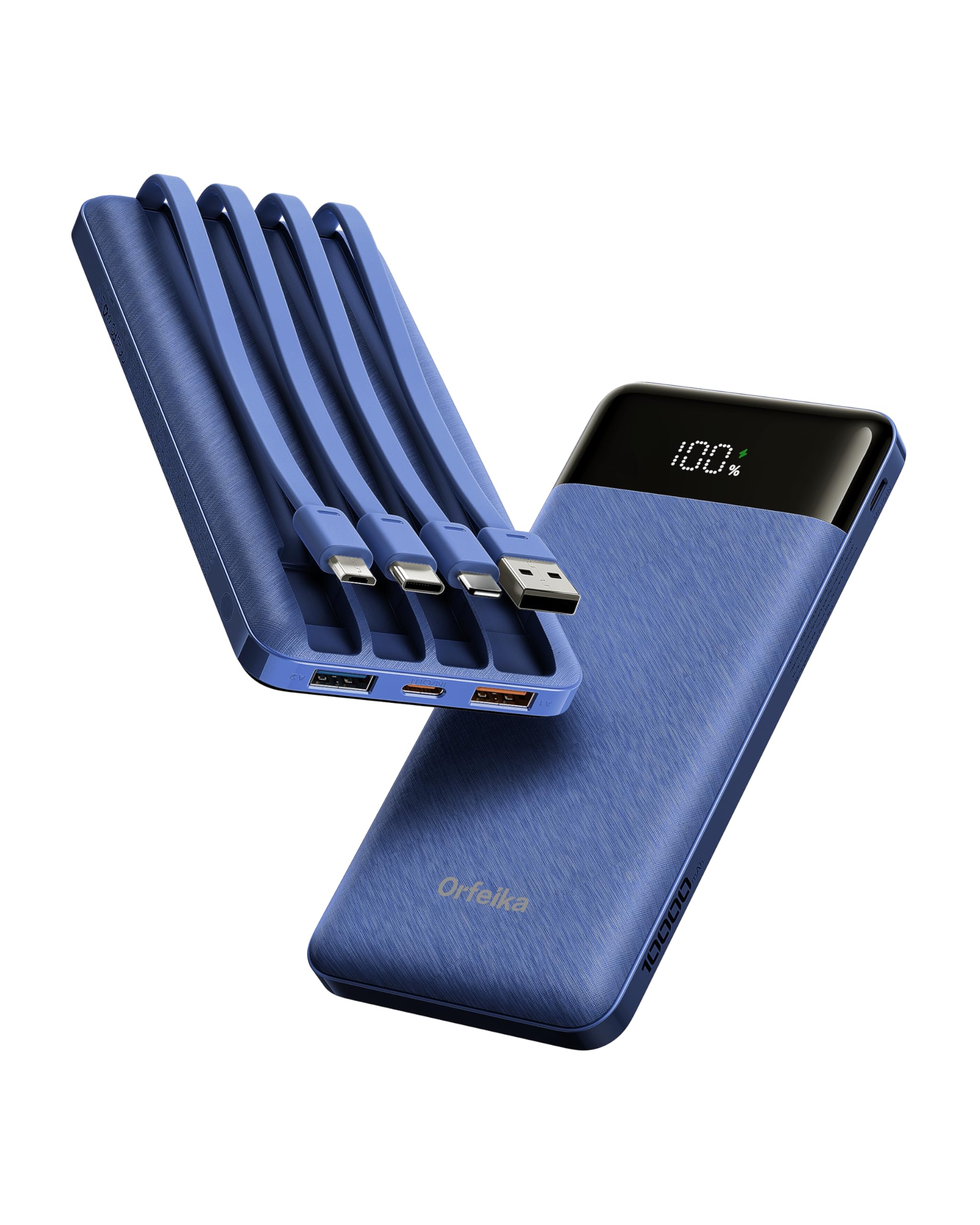 Orfeika Power Bank da 10000 mAh, 22,5 W, ricarica rapida con 4 cavi integrati, caricatore portatile USB C con indicatore LED, batteria esterna compatta per iPhone/Samsung Galaxy/iPad/Android