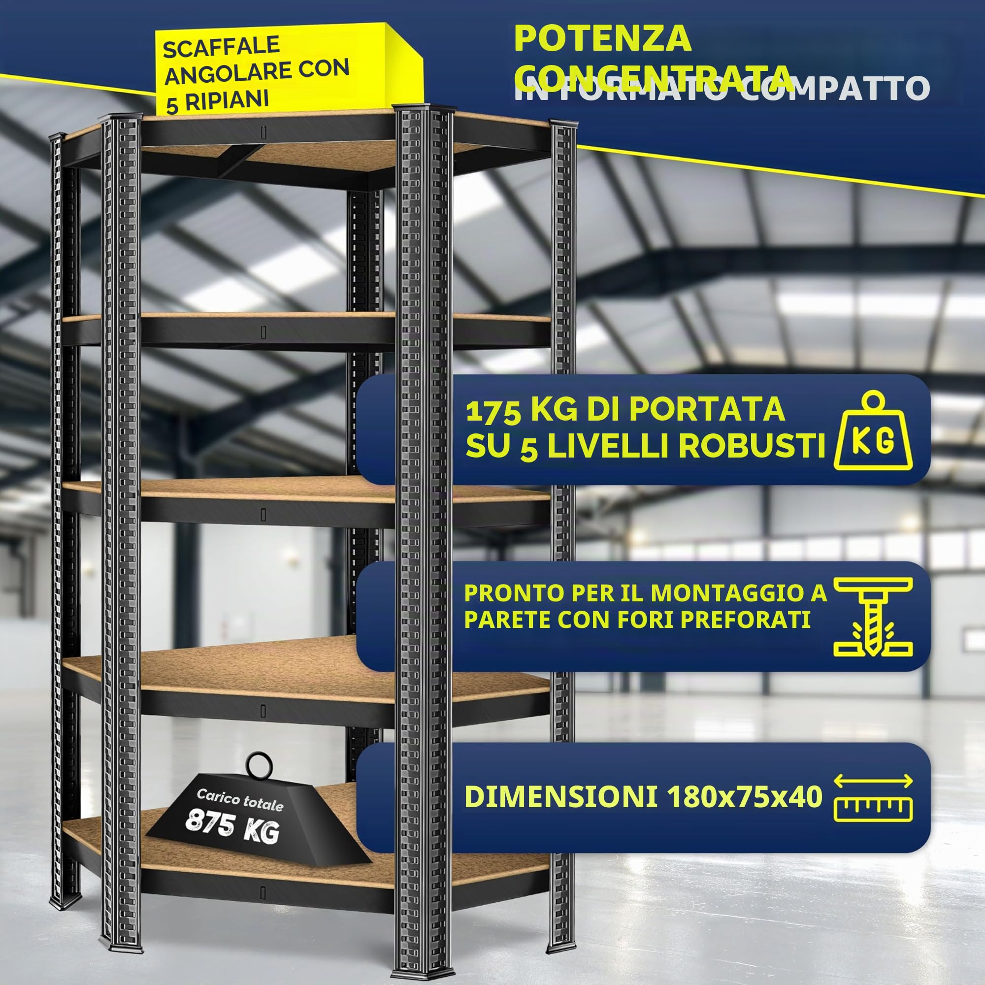 MASKO® Scaffale Angolare, Scaffale di Stoccaggio, per Carichi Pesanti, 180x75x40cm, fino a 875 kg, 5 Ripiani Regolabili, MDF in Metallo, Nero