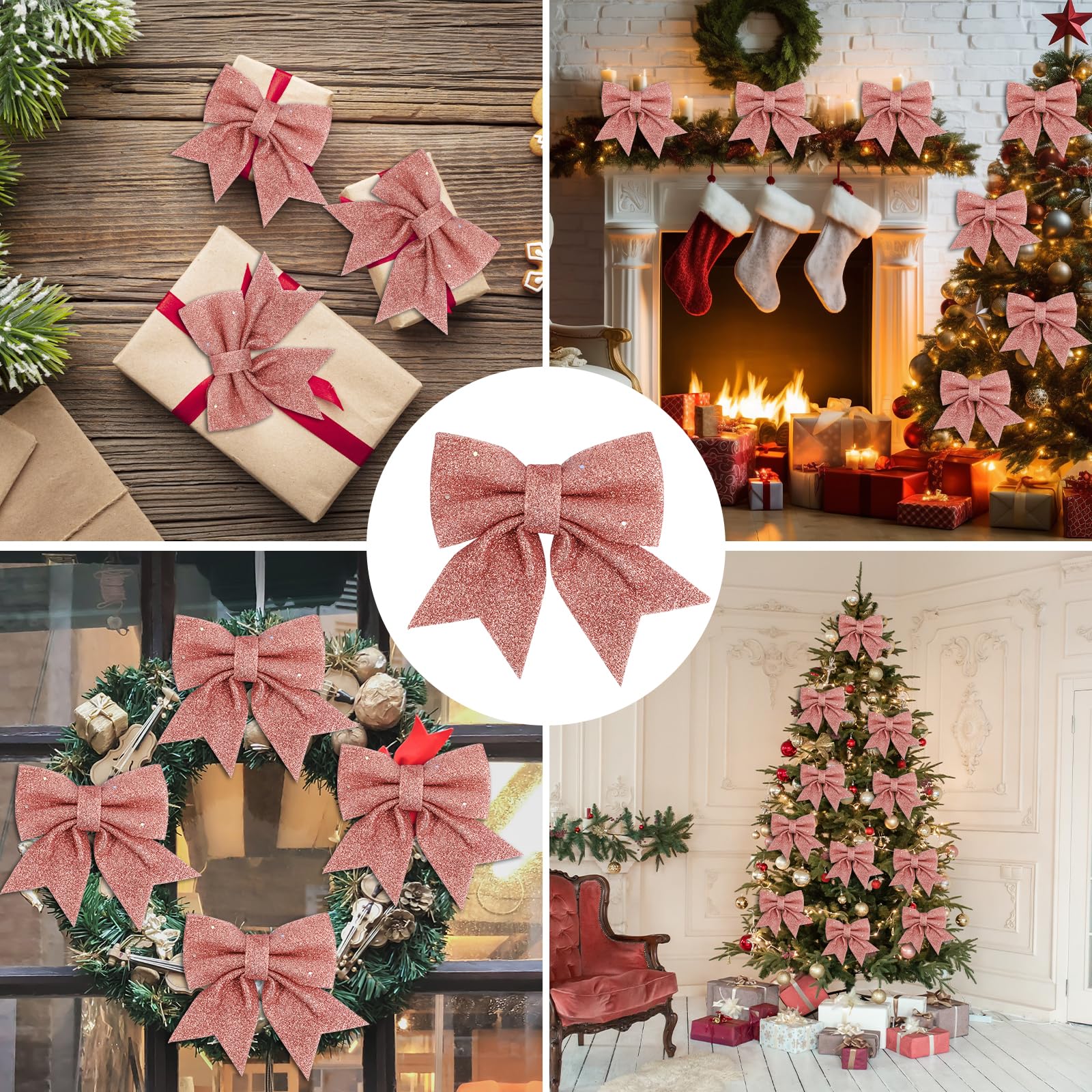 YUNLI 12 fiocchi di Natale, fiocchi per albero di Natale, in argento, con brillantini, fiocchi per albero di Natale, fiocchi di Natale, fiocchi di Natale, decorazioni
