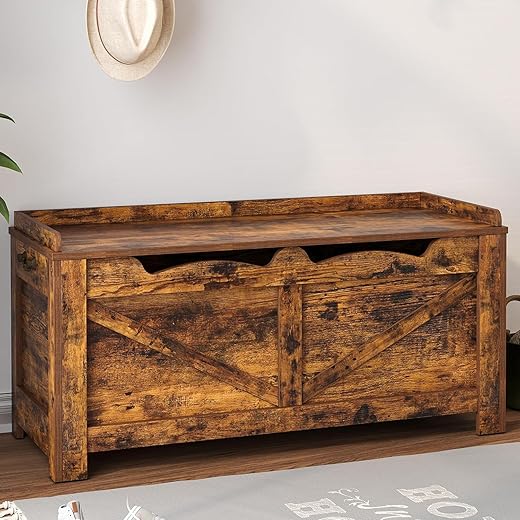 Hzuaneri 39.4" Storage Bench, Storage Chest, Lift-Top Storage Trunk with 2 Safety Hinges, Wooden Storage Box Chest Organizer for Bedroom, Entryway, Living Room, Rustic Brown SB04501X