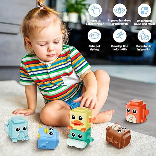 Miniatura 6 de Juego de juguetes apilables para niños pequeños de 18 meses, juguetes sensoriales 6 en 1 con expresiones cambiantes, bloques apilables de animales