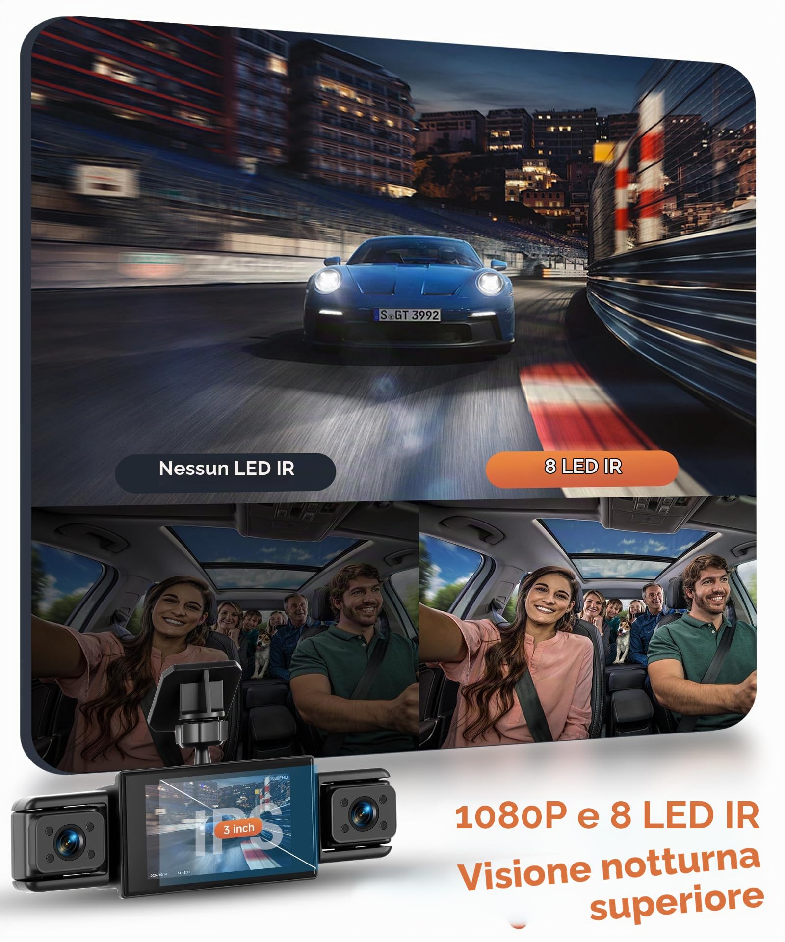 Rimoody 4 Canali Dashcam Auto 360°, 108P 4 Telecamere Anteriore Posteriore Sinistra Destra, 3 Pollici Schermo IPS Dash Cam, Visione Notturna 8 IR, Registrazione in Loop, Monitoraggio Parcheggio 24H