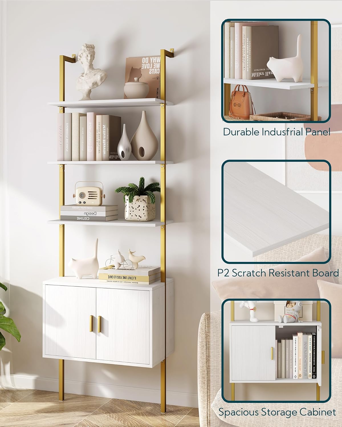 Yusong 73" Tall Bookshelf with Cabinet, Industrial Ladder Wall Mount Shelf Bookcase with Wood and Metal Frame, Plant Shelf Wall Storage Display for Living Room Bedroom, White Gold - Image 4