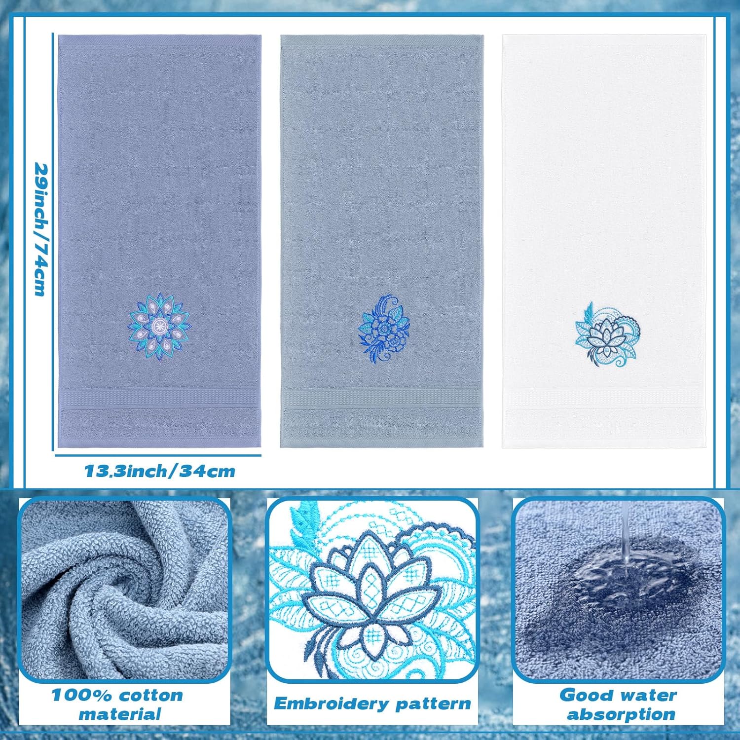 3 Pcs Mandala Hand Towels Mandala Flower Boho Bathroom Decor 14x29 Inch Embroidered Modern 100% Cotton Absorbent Hand Towels for Bathroom Kitchen - Image 2