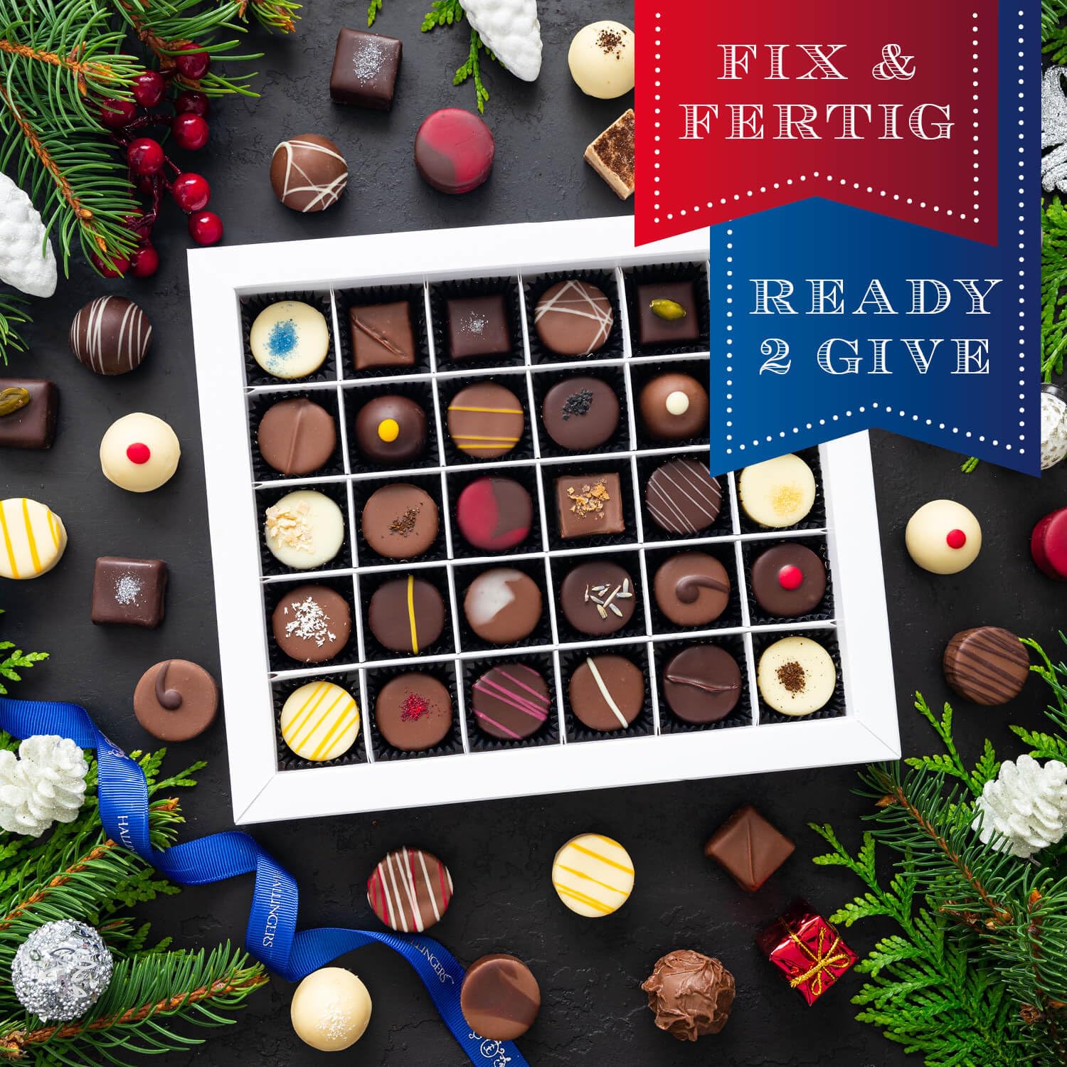 Hallingers Genuss Manufaktur Pralinen Weihnachts-Geschenk - mit & ohne Alkohol, handmade aus Confiserie-Edelkakao in wertiger XXL-Geschenkbox "Vielen Dank Blau", Weihnachten für Frauen Männer