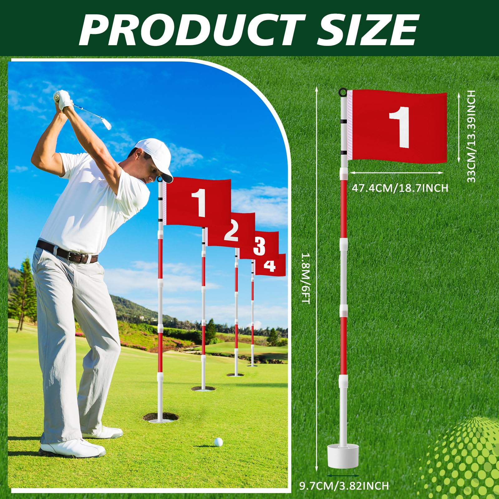 Burbell 4 Pack Golf Flag Stick 6ft Putting Green Flag Golf Hole Cup Pole Pin Numbered Flags for Driving Range Backyard Yard Putting Green and Chipping Greens Gifts