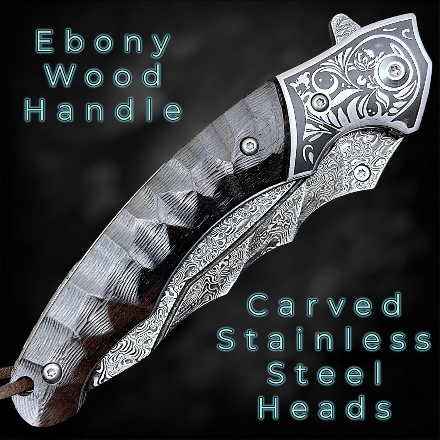 TACTICAL GEARZ Damascus Steel Pocket Knife, Ebony/Steel Handle, Includes Custom Leather Sheath (DXT79)