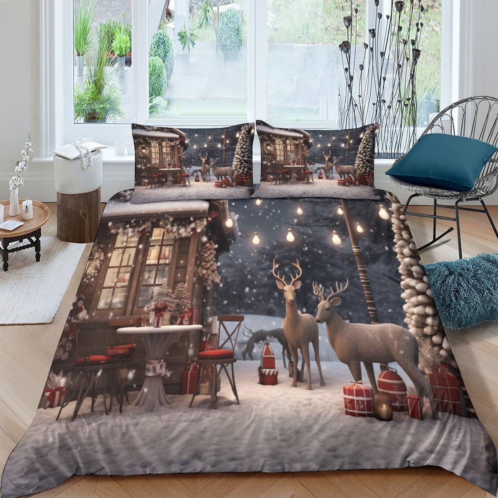 Parure de lit Noël 200x200 housse de couette microfibre IOFEER et taies d'oreiller lit double