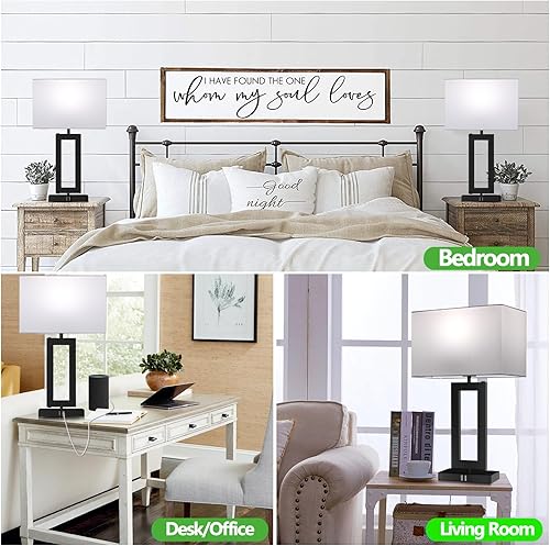 Miniatura 7 de Juego de 2 lámparas de mesa blancas y negras con control táctil, regulables de 3 vías, lámparas de mesita de noche para dormitorio, con puertos USB,