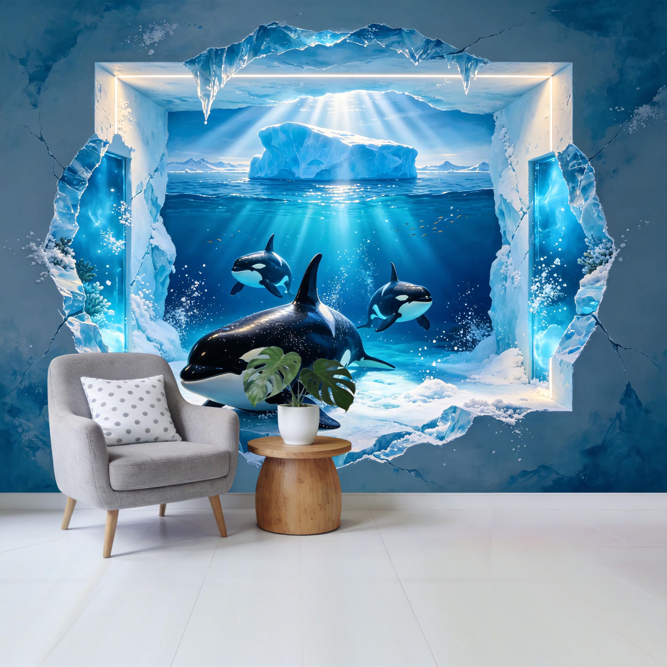 Custom Size Wall Mural Ocean Orca Whale Underwater Iceberg 3D Trompe L'Oeil Marine Scene Removable Self Adhesive Fabric Home Wall Decor for Living Room Bedroom Bathroom